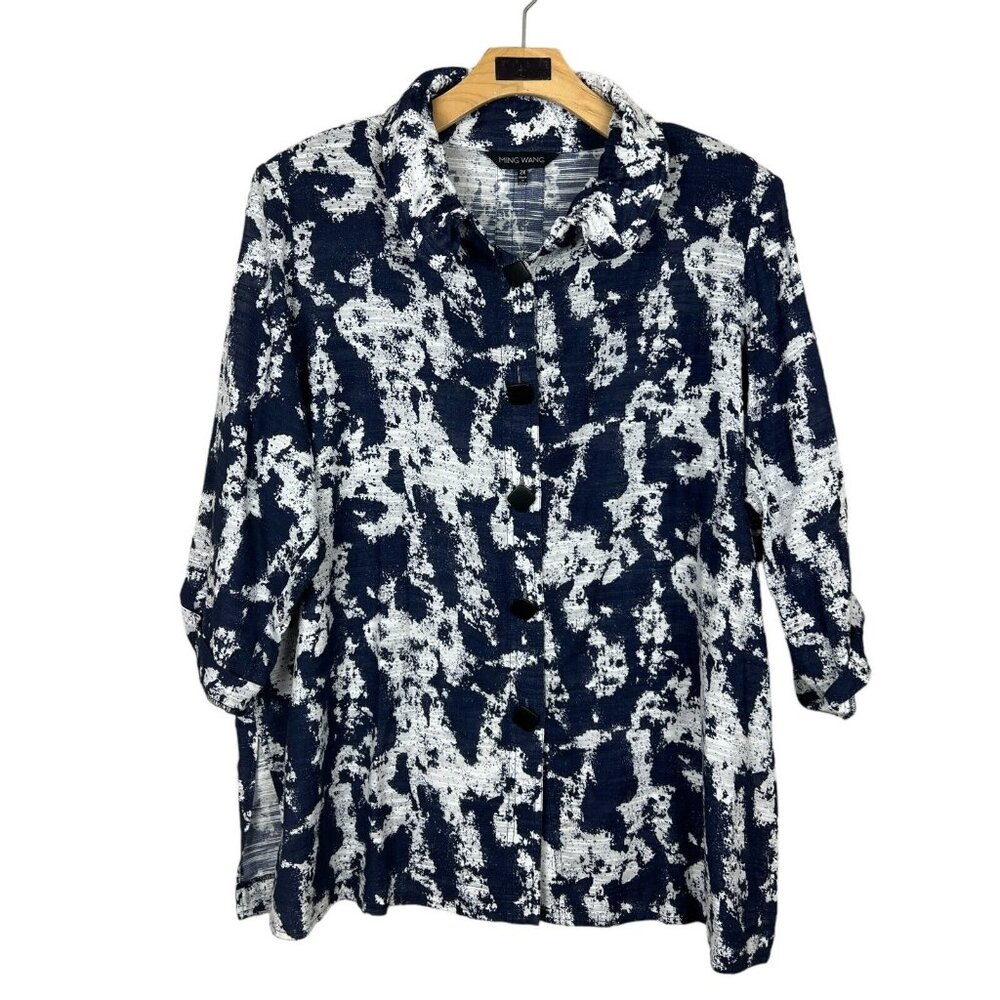 Ming Wang Tunic Top Womens 2X Navy White Print Sheer Button Up 100% Cotton Plus